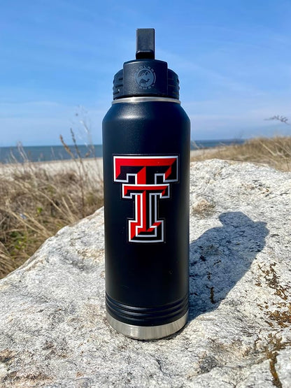 Texas Tech 32oz Stainless Steel Double Walled Black Beverage Bottle with Flip Straw Spout - College Gear for Playoff Season – For Office, Home or Auto – Show your Red Raider Prider