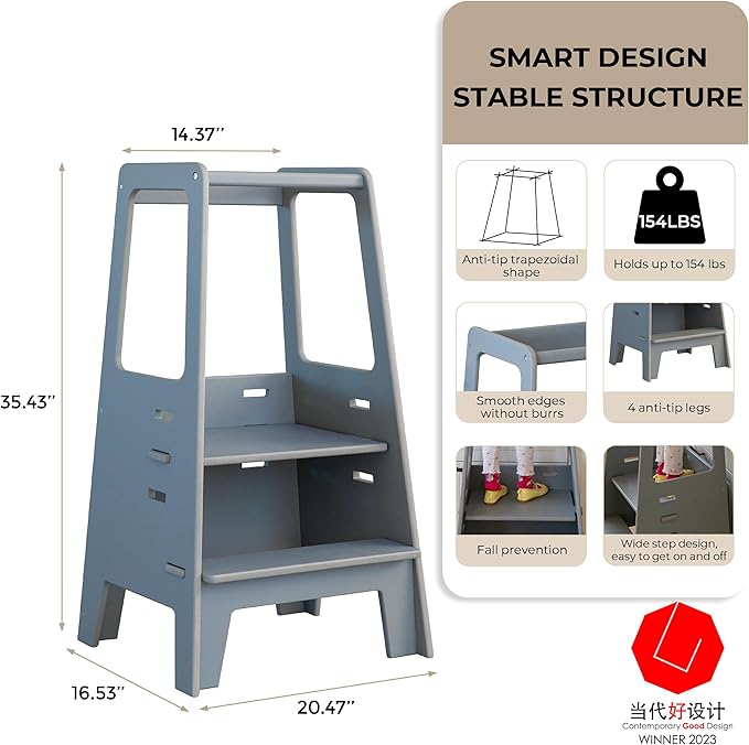Toddler Standing Tower Wooden Toddler Stool for Kitchen Adjustable Toddler Tower, Winner 2023 of Contemporary Good Design, Montessori Kitchen Tools