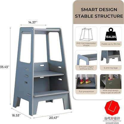 Toddler Standing Tower Wooden Toddler Stool for Kitchen Adjustable Toddler Tower, Winner 2023 of Contemporary Good Design, Montessori Kitchen Tools