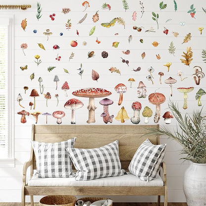 200 Pieces Watercolor Mushroom Wall Decals Woodland Mushroom Decals for Walls Aesthetic Mushroom Stickers Colorful Mushroom Kitchen Decor Fall Leaf Wall Stickers for Baby Kids Girls Bedroom Nursery