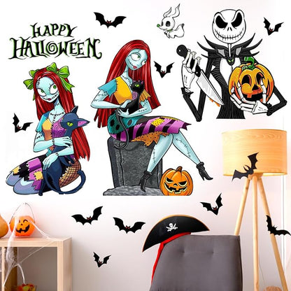 Mfault Happy Halloween Jack Skellington Wall Decals Stickers, Sally Jack O Lantern Pumpkin Decorations Bedroom Art, Funny Black Cat Bat Home Kitchen Living Room Decor