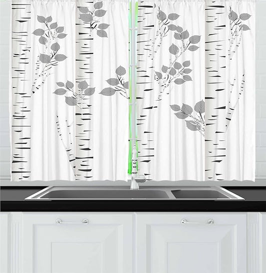 Ambesonne Birch Tree Kitchen Curtains, White Branches with Leaves Autumn Nature Forest Inspired Image Print, Window Drapes 2 Panel Set for Kitchen Cafe Decor, 55" x 36", White Grey