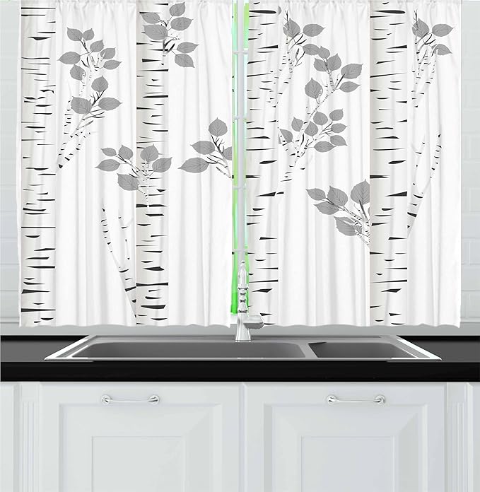 Ambesonne Birch Tree Kitchen Curtains, White Branches with Leaves Autumn Nature Forest Inspired Image Print, Window Drapes 2 Panel Set for Kitchen Cafe Decor, 55" x 24", White Grey