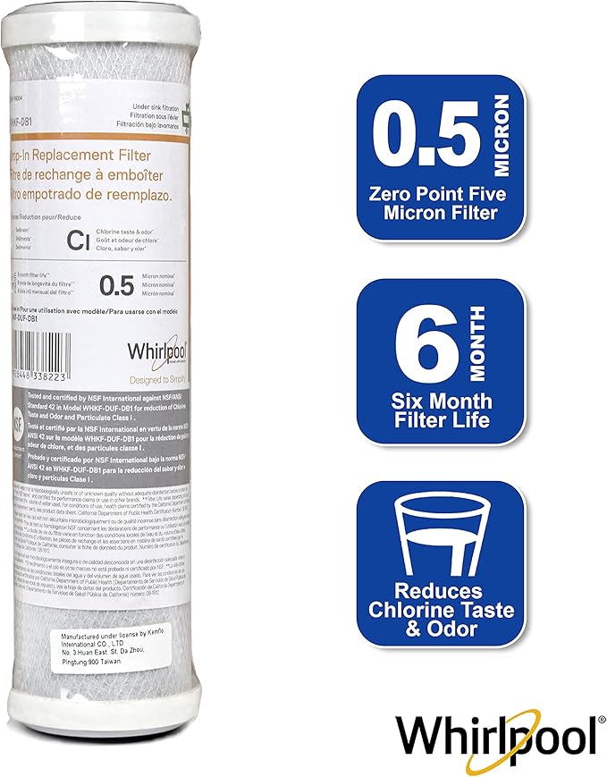 Whirlpool Under Sink Carbon Block Filter WHKF-DB1, NSF Certified 0.5 Micron Rating Reduces Chlorine Taste & Odor, 6-Month Lasting Life, Use for Home Drinking Water Filtration or Reverse Osmosis System