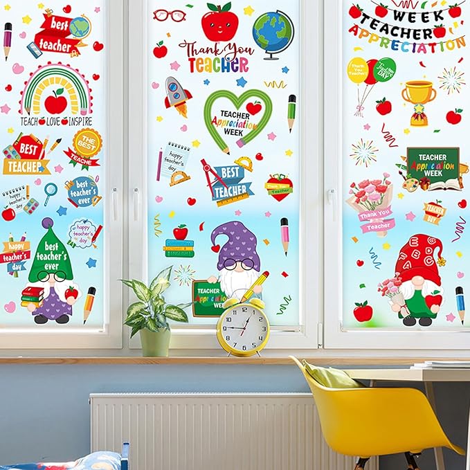 Teacher Appreciation Week Window Clings Stickers Best Teacher Double-Sided Window Decals Decoration Pencil Apple Design for Toddlers Adults Classroom Home Nursery Airplane Birthday Party Supplies