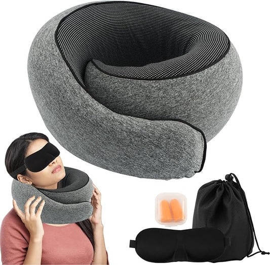 Travel Neck Pillow with Eye Covers,2pcs Earplug and Drawstring Bag,Memory Foam Travel Pillow,360° Adjustable Full Surrounding Flying Neck Pillows,for Traveling,Car,Home,Office