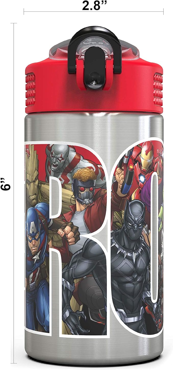 Zak Designs Marvel Universe - Stainless Steel Water Bottle with One Hand Operation Action Lid and Built-in Carrying Loop, Kids Water Bottle with Straw Spout is Perfect for Kids (15.5 oz, BPA Free)