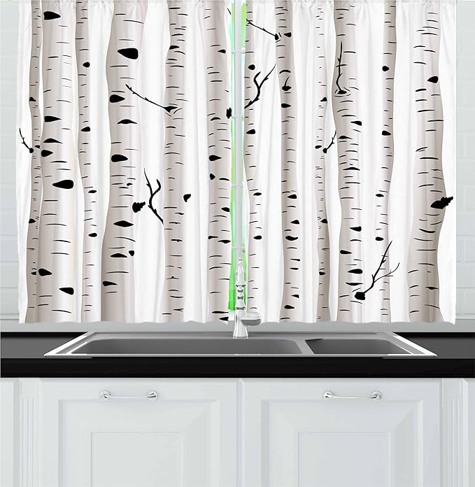 Ambesonne Birch Tree Kitchen Curtains, Forest Seasonal Nature Woodland Leafless Branches Grove Botany Illustration, Window Drapes 2 Panel Set for Kitchen Cafe Decor, 55" x 30", Black and White