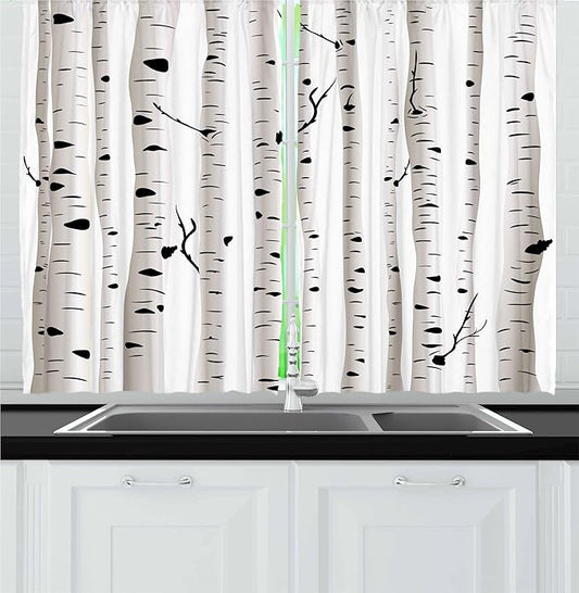 Ambesonne Birch Tree Kitchen Curtains, Forest Seasonal Nature Woodland Leafless Branches Grove Botany Illustration, Window Drapes 2 Panel Set for Kitchen Cafe Decor, 55" x 36", Black and White