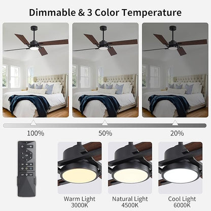 WINGBO 72 Inch DC Ceiling Fan with Lights and Remote, 4 Plywood Blades, 6-Speed Reversible DC Motor, Dimmable, 3CCT, Large Ceiling Fan for Bedroom Living Room Kitchen, Black and Walnut/Shadowed Walnut