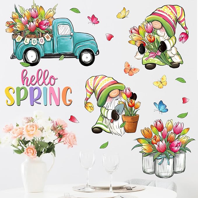 Mfault Hello Spring Gnome Wall Decals Stickers, Tulip Flower Teal Truck Mason Jar Decorations Bedroom Art, Bloom Floral Butterfly Pot Seasonal Home Kitchen Decor Party Supplies