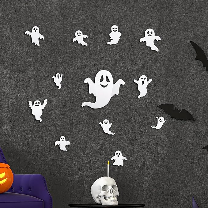 24Pcs Halloween Ghost Wall Decor 3D Ghost Stickers Decor Reusable Cute Halloween Decor Self-Adhesive White Ghost Wall Decorations for Gothic Window Door Wall Room Closet Halloween Home Decor Stickers