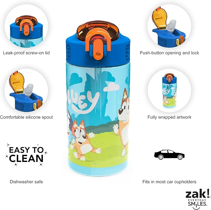 Zak Designs Bluey Kids Durable Plastic Spout Cover and Built-in Carrying Loop, Leak-Proof Water Design for Travel, (16oz, 2pc Set), Bluey Bottle 2pk