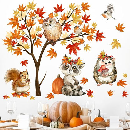 Mfault Fall Maple Tree Woodland Animal Wall Decals Stickers, Autumn Raccoon Hedgehog Squirrel Owl Bird Decorations Bedroom Art, Thanksgiving Pumpkin Seasonal Home Kitchen Decor