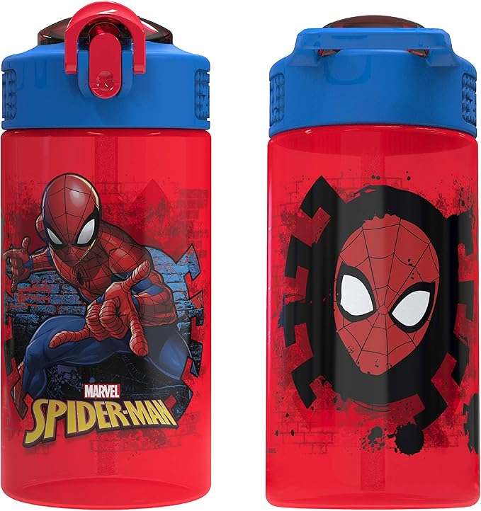 Zak Designs Marvel SpiderMan Kids Spout Cover and Built-in Carrying Loop Made of Plastic, Leak-Proof Water Bottle Design (BPA-Free), Red, 16oz