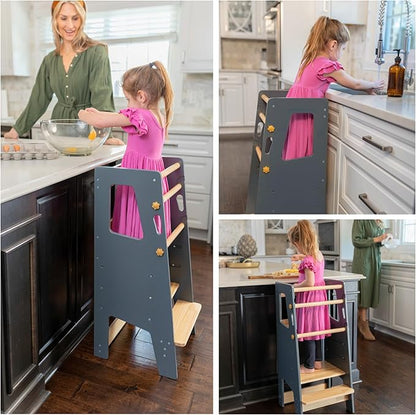 Toddler Standing Tower | Safe Montessori Step Stool for Toddlers, Perfect Tower for Learning New Skills | Ideal Helper for Little Kids in The Kitchen | Gray