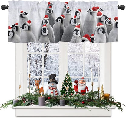 Vandarllin Christmas Valance Kitchen Curtains for Windows, Funny Hat Penguin Rod Pocket Valances Window Treatments Winter Holidays Short Curtains for Bedroom/Living Room, 54" X 18" -1 Panel