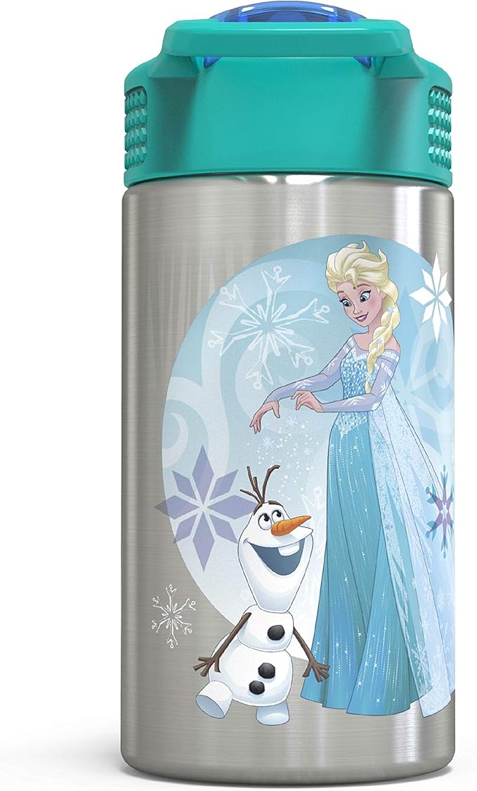 Zak Designs 15.5oz Stainless Steel Kids Water Bottle with Flip-up Straw Spout - BPA Free Durable Design, Frozen Girl SS