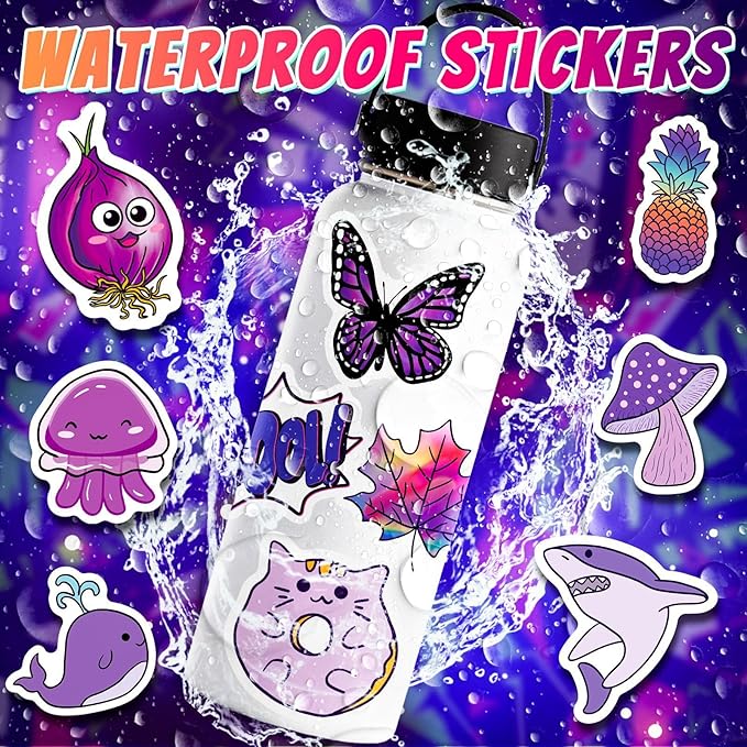 100PCS Purple Stickers, Lifany Cartoon Stickers Pack for Adults,Kids, Waterproof and Aesthetic Vinyl Stickers for Water Bottle, Laptop, Phone, Skateboard, Black Cat Decor Decal for Christmas