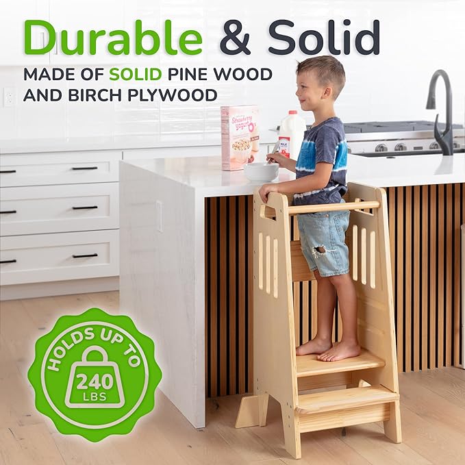 Toddler Tower with a Sliding Door and 3 Adjustable Heights - Complete Toddler Kitchen Stool Helper with Support Feet - Safe Design for 18+ Months to 6-Year-Old Kids - Varnished