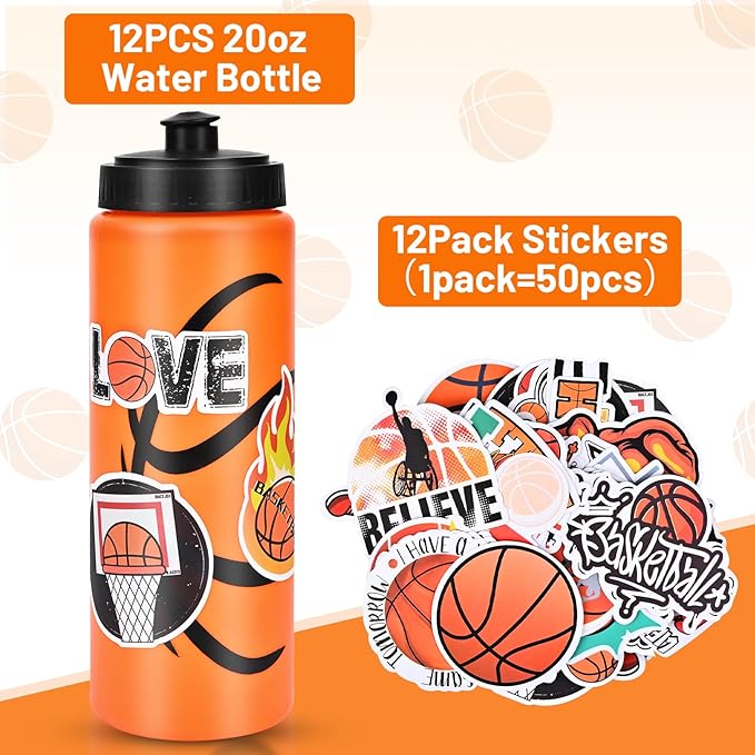 12 Pack Bulk Basketball Sports Water Bottle with 12 Pack Sticker Gift Set, Squeeze BPA-Free Reusable Water Bottles for Basketball Team Party Favors Gift（20OZ）