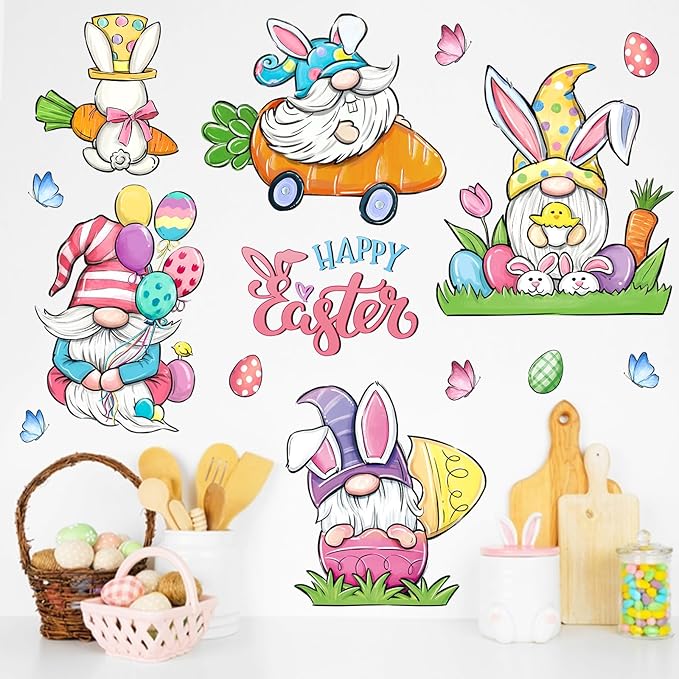 Mfault Happy Easter Bunny Gnome Wall Decals Stickers, Rabbit Eggs Carrot Balloon Decorations Bedroom Art, Chick Butterfly Home Kitchen Decor Party Supplies