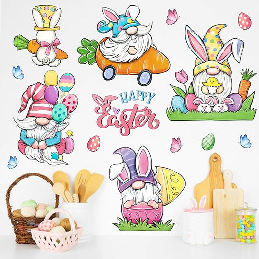 Mfault Happy Easter Bunny Gnome Wall Decals Stickers, Rabbit Eggs Carrot Balloon Decorations Bedroom Art, Chick Butterfly Home Kitchen Decor Party Supplies