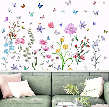 Colorful Flower Wall Stickers with Butterfly and Bee 58 Pcs Removable Flower Wall Decals DIY Peel and Stick Art Wall Decor Mural for Nursery Baby Kids Bedroom Living Room Kitchen Home Decoration