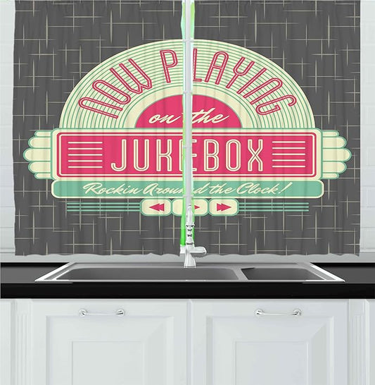 Ambesonne Jukebox Kitchen Curtains, Charcoal Grey Backdrop with 50s Inspired Radio Music Box Image, Window Drapes 2 Panel Set for Kitchen Cafe Decor, 55" x 30", Mint Green Hot Pink and White