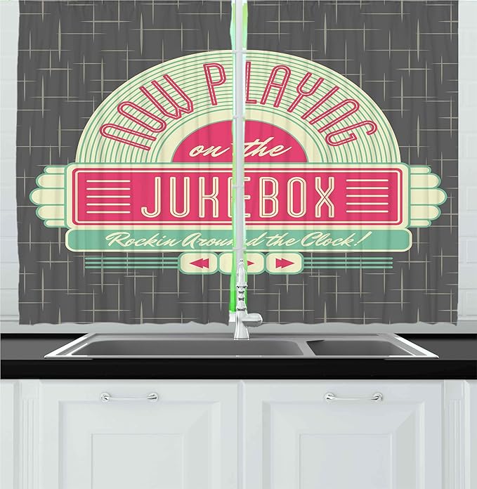 Ambesonne Jukebox Kitchen Curtains, Charcoal Grey Backdrop with 50s Inspired Radio Music Box Image, Window Drapes 2 Panel Set for Kitchen Cafe Decor, 55" x 24", Mint Green Hot Pink and White