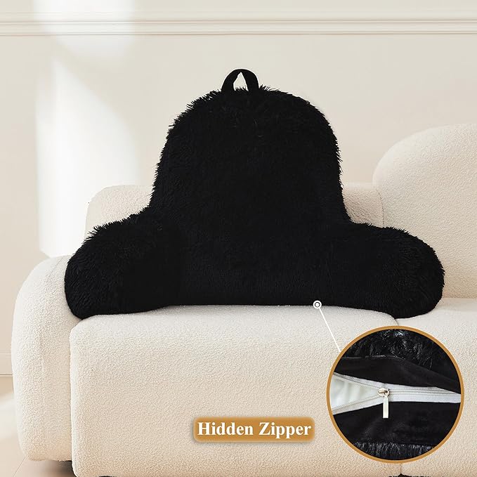 XeGe Faux Fur Reading Pillow Cover (No Filler), Fluffy Backrest Pillow Case for Sitting in Bed, Adults Kids Shaggy Sit Up Back Support Study Pillow Cover for Couch Chair Home Decoration, Black