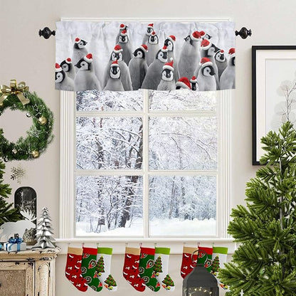 Vandarllin Christmas Valance Kitchen Curtains for Windows, Funny Hat Penguin Rod Pocket Valances Window Treatments Winter Holidays Short Curtains for Bedroom/Living Room, 54" X 18" -1 Panel