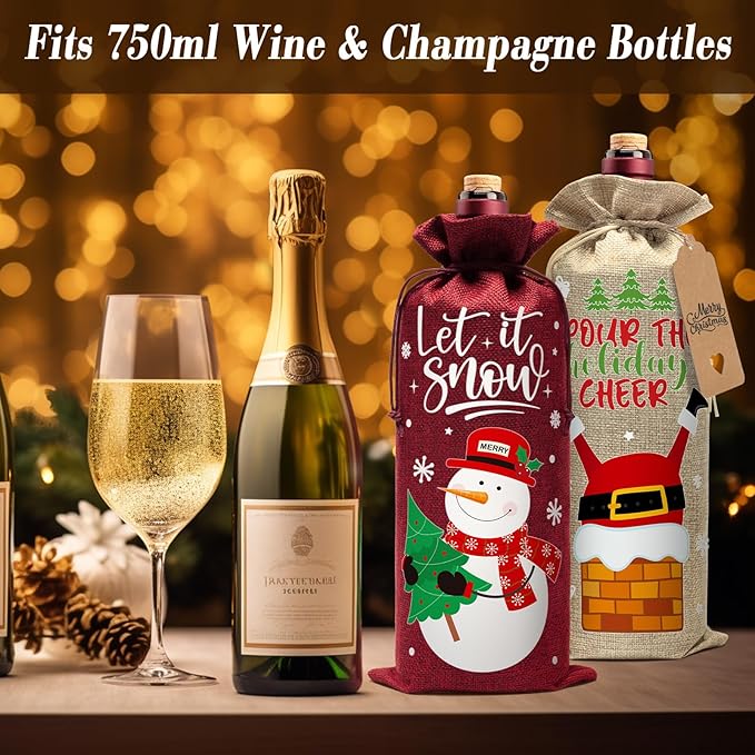 12Pcs Burlap Wine Bags Christmas Wine Gift Bags for Wine Bottles Gifts, Christmas Wine Bottle Bags with Drawstring Holiday Wine Bags, Christmas Wine Bottle Covers for Xmas New Year Holiday Party Decor