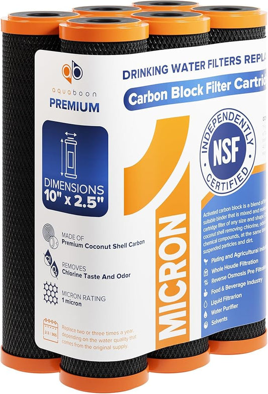 Aquaboon 1 Micron Carbon Water Filter 10 x 2.5" - Countertop & Under Sink Water Filter Replacement Cartridge - Carbon Block Filter CTO for Home Water Filter Systems Compatible with GE FXWTC (6 Pack)