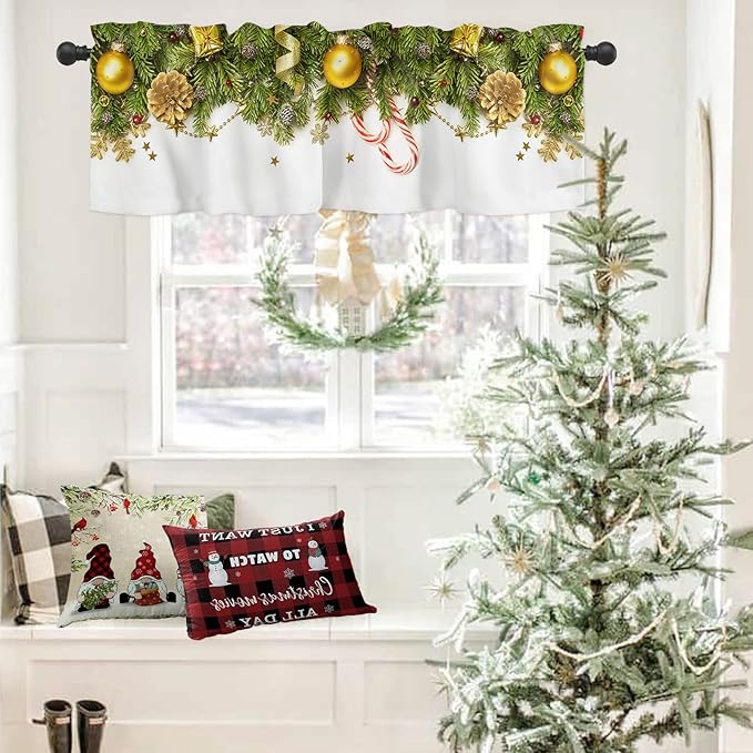 Vandarllin Christmas Valance Kitchen Curtains for Windows, Pine Cones Rod Pocket Valances Window Treatments Golden Ornament Balls Short Curtains for Bedroom/Living Room, 54" X 18" -1 Panel