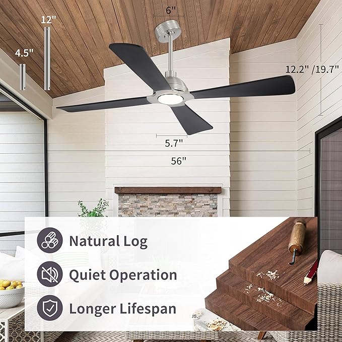 WINGBO 56 Inch DC Ceiling Fan with Lights and Remote, 4 Solid Wood Blades, 3CCT, 6-Speeds Reversible DC Motor, Modern Ceiling Fan for Bedroom Living Room Kitchen, Brushed Nickel and Black