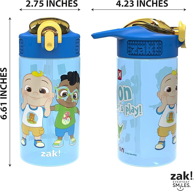 Zak Designs CoComelon Kids Water Bottle with Spout Cover and Built-In Carrying Loop, Made of Durable Plastic, Leak-Proof Water Bottle Design for Travel (16 oz, Pack of 2)