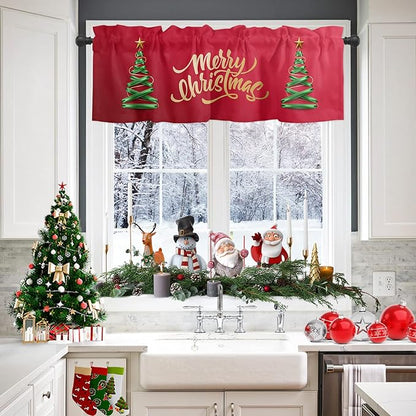 Vandarllin Merry Christmas Valance Kitchen Curtains for Windows, Christmas Tree Rod Pocket Valances Window Treatments Winter Holidays Short Curtains for Bedroom/Living Room, 54" X 18" -1 Panel