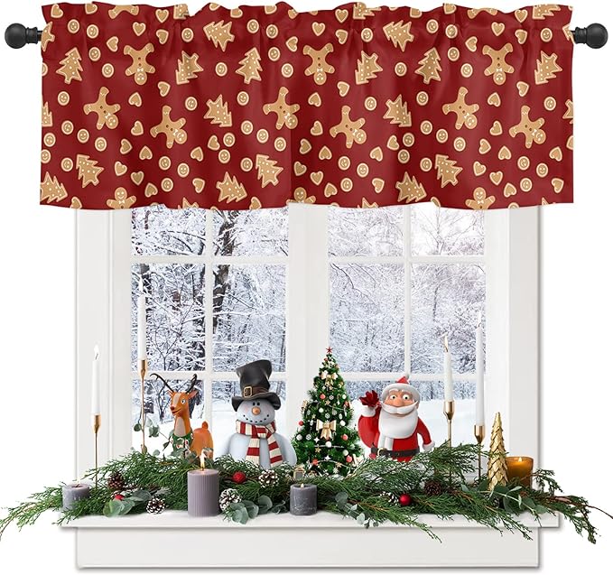 Vandarllin Christmas Kitchen Curtains Valances for Windows Red Merry Christmas Gingerbread Man Cookies Rod Pocket Window Treatment for Kitchen/Living Room/Bedroom/Bathroom,42" X 18" -1 Panel,