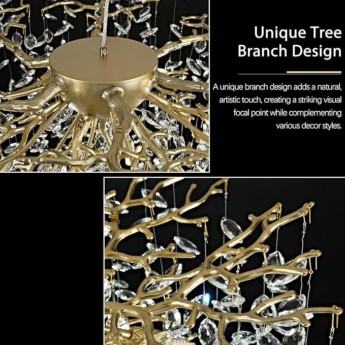 40 inch Crystal Chandelier for Dining Room, Round Gold Tree Branches Chandeliers, Top K9 Crystal Chandelier, Modern Chandeliers for Kitchen,Foyer Entryway,Luxury Adjustable Hanging Chandelier