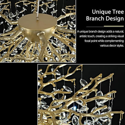 40 inch Crystal Chandelier for Dining Room, Round Gold Tree Branches Chandeliers, Top K9 Crystal Chandelier, Modern Chandeliers for Kitchen,Foyer Entryway,Luxury Adjustable Hanging Chandelier