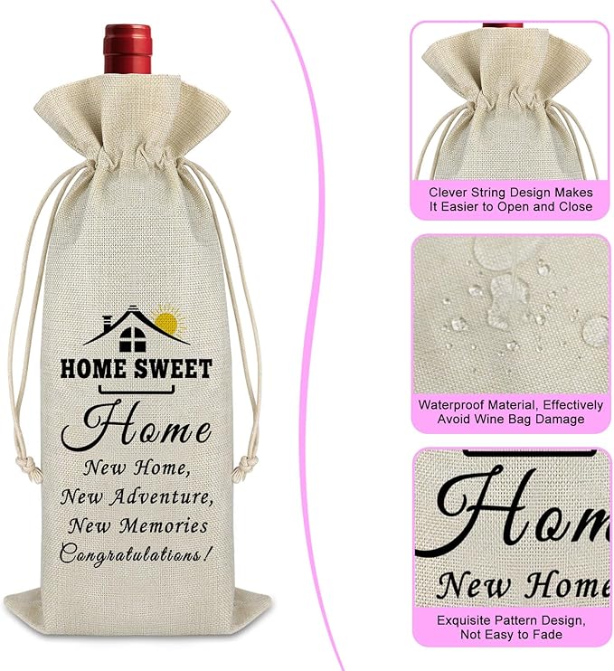 New Home Gift Wine Gift Bag Housewarming Gift First New Home Gift for Homeowner Friends Men Coworker Housewarming Party Decors Wine Bottle Wrap Bag Christmas Gift for Host Drawstring Burlap Wine Bag