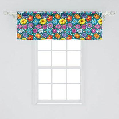 Ambesonne Flower Window Valance, Art Blooming Daisy Peony Lily with Colorful Petals Spring Garden Scenario Print, Curtain Valance for Kitchen Bedroom Decor with Rod Pocket, 42" x 18", Teal Multicolor