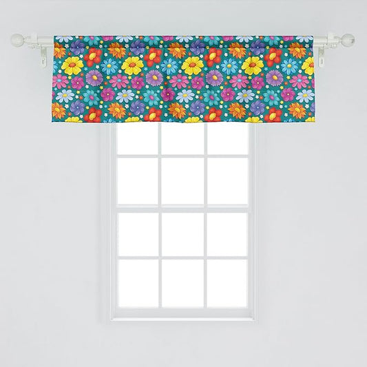 Ambesonne Flower Window Valance, Art Blooming Daisy Peony Lily with Colorful Petals Spring Garden Scenario Print, Curtain Valance for Kitchen Bedroom Decor with Rod Pocket, 42" x 18", Teal Multicolor