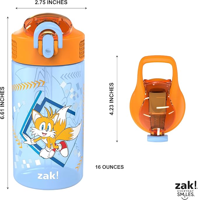 Zak Designs Sonic Kids' 2-Pack Leak-Proof Water Bottles With Straw, Handle and Pop-Up Spout Cover