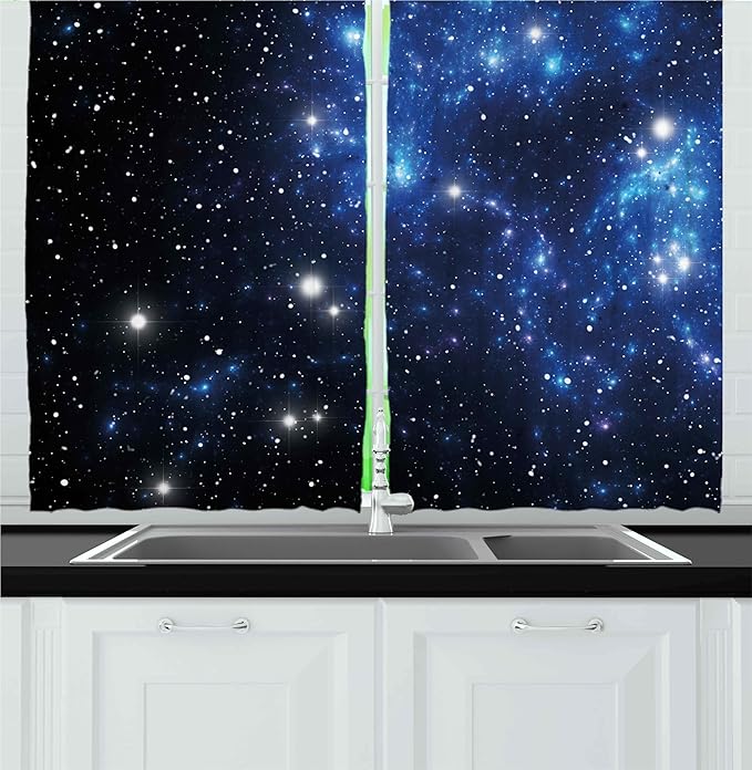 Ambesonne Constellation Kitchen Curtains, Outer Space Star Nebula Astral Cluster Astronomy Theme Galaxy Mystery, Window Drapes 2 Panel Set for Kitchen Cafe Decor, 55" x 30", Black Blue