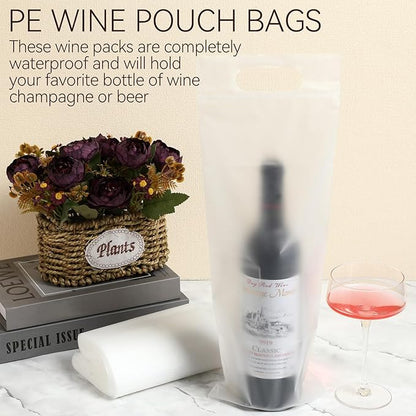 Yeaqee 500 Pcs Plastic Wine Bags with Handles 18 x 6 Clear Wine to Go Bulk Adhesive Seal Wine Bags Tamper Proof Wine Bags for Restaurant Bar Party Wedding Travel Gifts