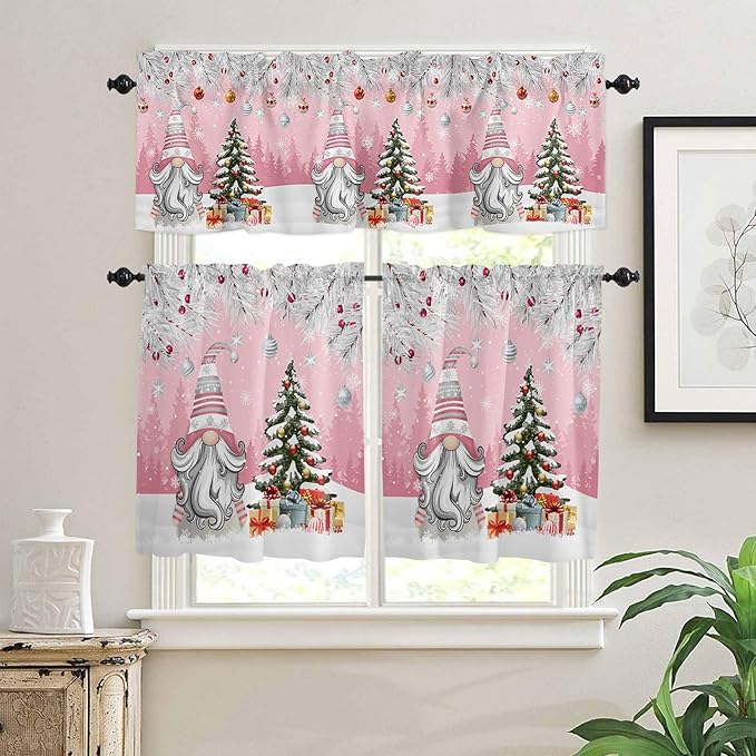 Vandarllin Christmas Gnome Kitchen Curtains and Valances Set, Winter Merry Christmas Tree Balls Windows Treatments Tiers Half/Short Curtains for Small Windows Cafe/Living Room/Bedroom 54x24 in Pink