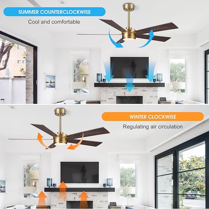 54" Ceiling Fan with Light and Remote Control, Modern Dimmable LED Light, 6-Speed Noiseless Reversible DC Motor, 5 Plywood Ceiling Fan for Kitchen Bedroom Living Room NAB Gold/Walnut