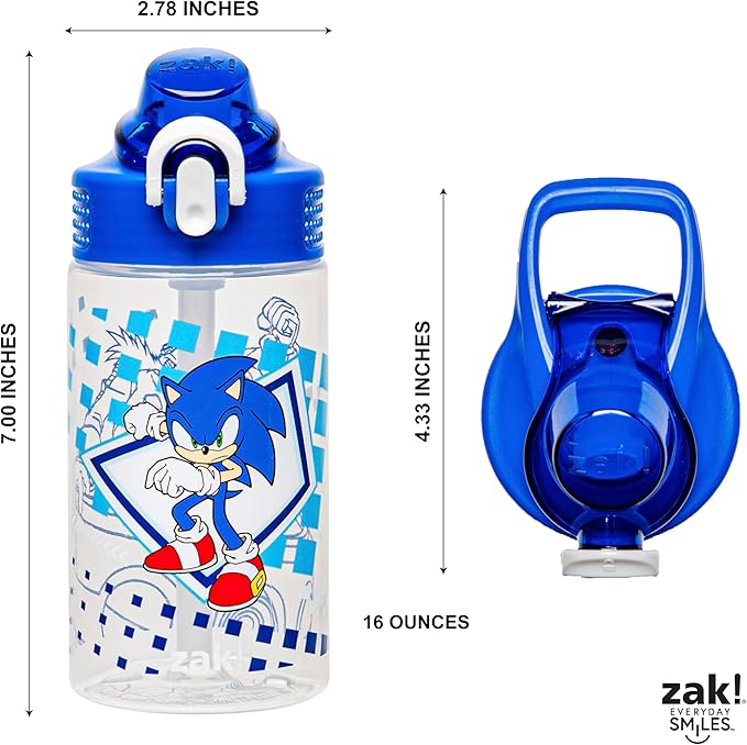 Zak Designs Sage Sonic the Hedgehog Water Bottle For School or Travel, 16oz Durable Plastic Water Bottle With Straw, Handle, and Leak-Proof, Pop-Up Spout Cover (Sonic, Eggman)